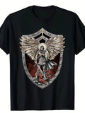 1PC Black T-Shirt Featuring Saint Michael The Archangel, Designed with Armor, Sword, And Shield. This Soft Crew Neck Shirt Is Suitable for Both Men And Women