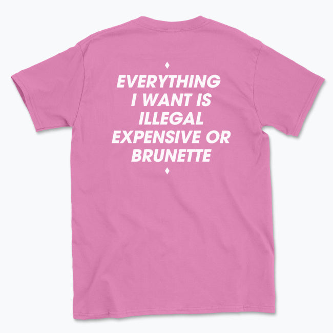 044 ILLEGAL, EXPENSIVE OR BRUNETTE Funny T-shirt Tee Back Printing