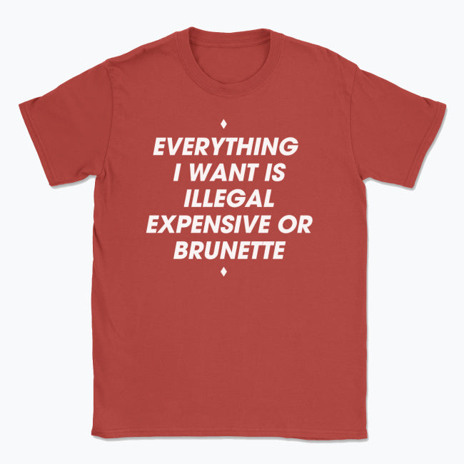 044 ILLEGAL, EXPENSIVE OR BRUNETTE Funny T-shirt Tee Front Printing