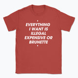 044 ILLEGAL, EXPENSIVE OR BRUNETTE Funny T-shirt Tee Front Printing