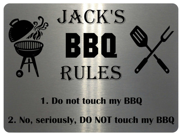 1004 Custom Personalised Name's BBQ RULES Metal Aluminium Plaque Sign Door House Garden