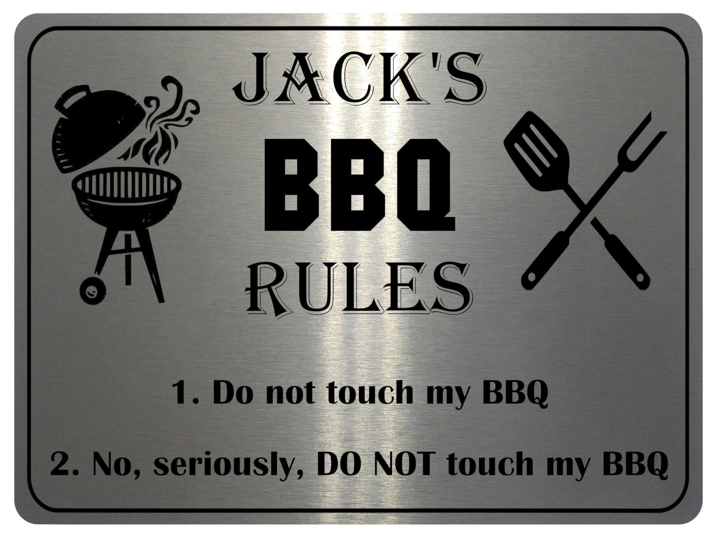 1005 Custom Personalised Name's BBQ RULES Metal Aluminium Plaque Sign Door House Garden