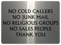 UV057 NO COLD CALLERS NO JUNK MAIL Metal Aluminium Plaque Sign Door House Office