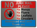 UV077 NO JUNK MAIL Metal Aluminium Plaque Sign Door House Office A4