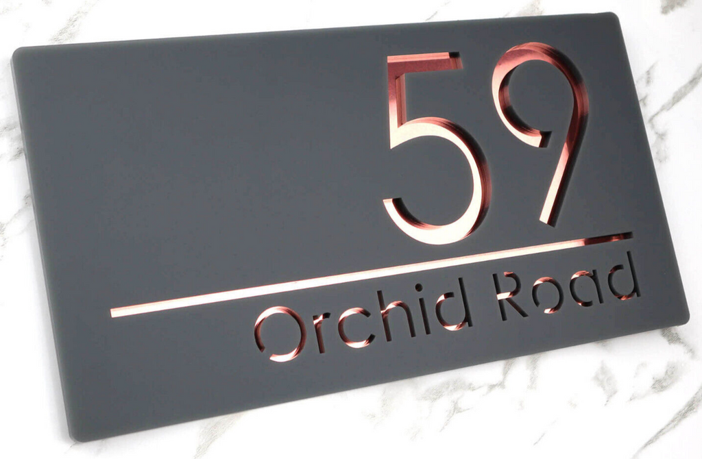 Belissima Laser Cut House Numbers Door Address Plaque Grey Rose Gold 300x160mm