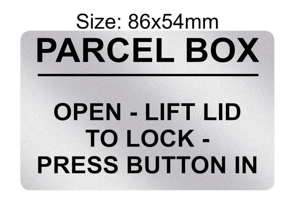 P171 PARCEL BOX Open Lift Lid To Lock Press Button In Plastic PVC Plaque Sign Card