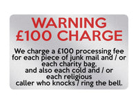 P152 WARNING £100 CHARGE No Cold Callers Funny Plastic PVC Plaque Sign Car