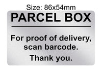 P165 PARCEL BOX For proof of delivery, scan barcode Plastic PVC Plaque Sign Card