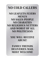 P153 No Cold Callers Sales People Flyers Menus Plastic PVC Plaque Sign Card