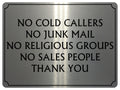 UV111 NO COLD CALLERS NO JUNK MAIL Metal Aluminium Plaque Sign Door A4 Size