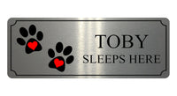 719 Custom Personalised SLEEPS HERE Name Pets Dog Cat Metal Aluminium Sign Plaque Door Wall