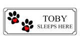 719 Custom Personalised SLEEPS HERE Name Pets Dog Cat Metal Aluminium Sign Plaque Door Wall