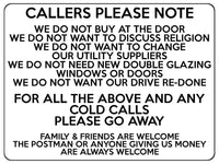 1562 CALLERS PLEASE NOTE Cold Calls Metal Aluminium Plaque Sign House Door Gate