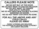 1562 CALLERS PLEASE NOTE Cold Calls Metal Aluminium Plaque Sign House Door Gate