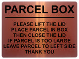 1740 PARCEL BOX PLEASE LIFT THE LID Left Door Gate Metal Aluminium Plaque Sign