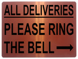 1480 ALL DELIVERIES PLEASE RING BELL Arrow Right Metal Aluminium Plaque Sige House Office