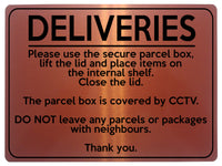 1596 DELIVERIES This box is covered by CCTV Metal Aluminium Plaque Sign Parcels