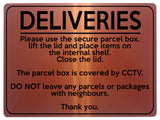 1596 DELIVERIES This box is covered by CCTV Metal Aluminium Plaque Sign Parcels