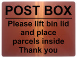 1420 POST BOX Please lift bin lid and place parcels inside Metal Aluminium Plaque Sign