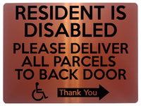 1767 RESIDENT IS DISABLED PARCELS TO BACK DOOR RIGHT Metal Aluminium Plaque Sign