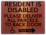 1767 RESIDENT IS DISABLED PARCELS TO BACK DOOR RIGHT Metal Aluminium Plaque Sign