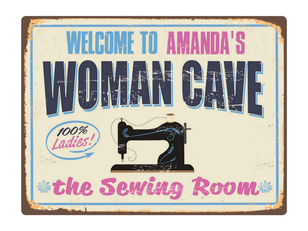 479 Custom Personalised WELCOM TO NAME'S WOMAN CAVE Retro Vintage Metal Aluminium Sign Plaque Door Sewing Room