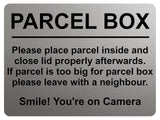 1807 PARCEL BOX  Smile! You're on Camera Metal Aluminium Plaque Sign