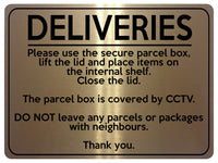 1596 DELIVERIES This box is covered by CCTV Metal Aluminium Plaque Sign Parcels