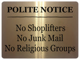 AL056 POLITE NOTICE No Junk Mail Digitally Printed Metal Aluminium Plaque Sign Door Shop