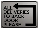 1801 ALL DELIVERIES TO BACK DOOR PLEASE Left Metal Aluminium Plaque Sign