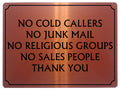 524 NO COLD CALLERS NO JUNK MAIL Metal Aluminium Plaque Sign Front Door Wall House Office