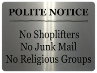 AL056 POLITE NOTICE No Junk Mail Digitally Printed Metal Aluminium Plaque Sign Door Shop