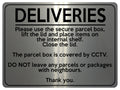 1596 DELIVERIES This box is covered by CCTV Metal Aluminium Plaque Sign Parcels