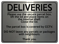 1596 DELIVERIES This box is covered by CCTV Metal Aluminium Plaque Sign Parcels