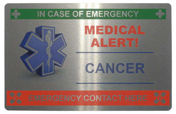 628 CANCER Case of Emergency Medical Alert Metal Card Custom Personalised Printed