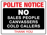 580 NO SALES PEOPLE COLD CALLERS Metal Aluminium Plaque Sign Front Door House