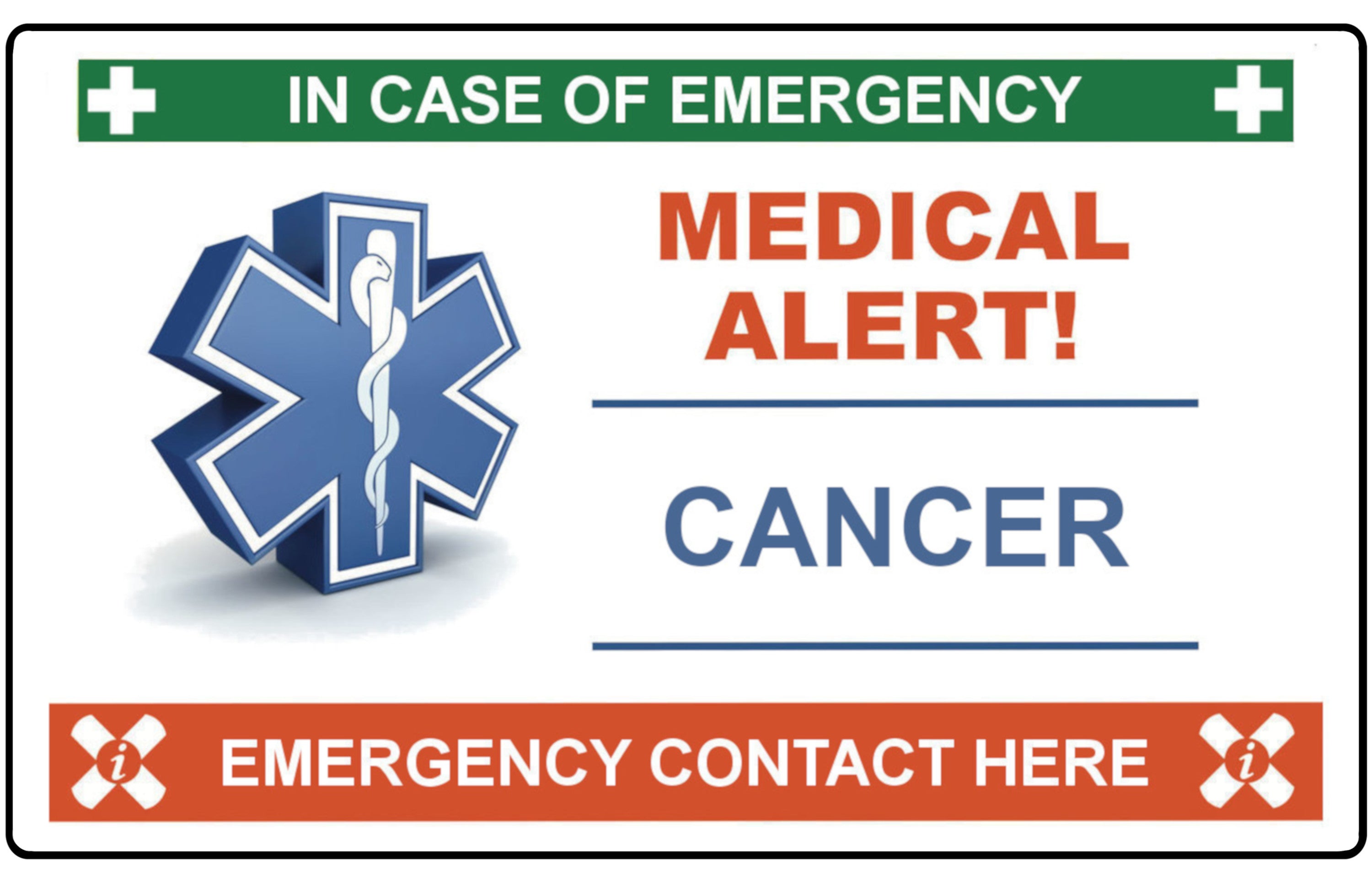628 CANCER Case of Emergency Medical Alert Metal Card Custom Personalised Printed