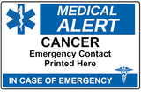 627 CANCER Case of Emergency Medical Alert Metal Card Custom Personalised Printed