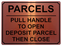 1862 PARCELS PULL HANDLE TO OPEN DEPOSIT PARCEL Metal Aluminium Plaque Sign