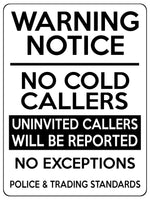 1557 WARNING NOTICE NO COLD CALLERS Metal Aluminium Plaque Sign Door Gate House