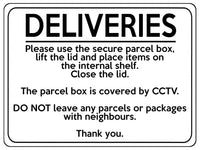 1596 DELIVERIES This box is covered by CCTV Metal Aluminium Plaque Sign Parcels